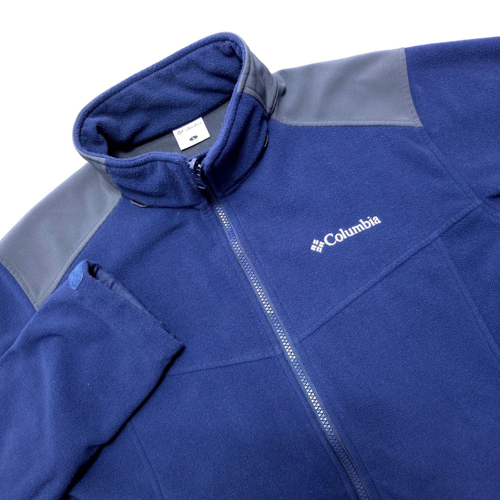 Columbia Men's Large Full Zip Fleece Jacket Navy Blue Grey Shoulder Outdoor